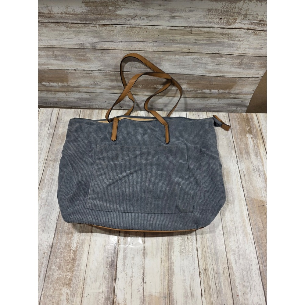 Sonoma Goods For Life Blue Gray Corduroy Tote Bag Faux Leather Straps